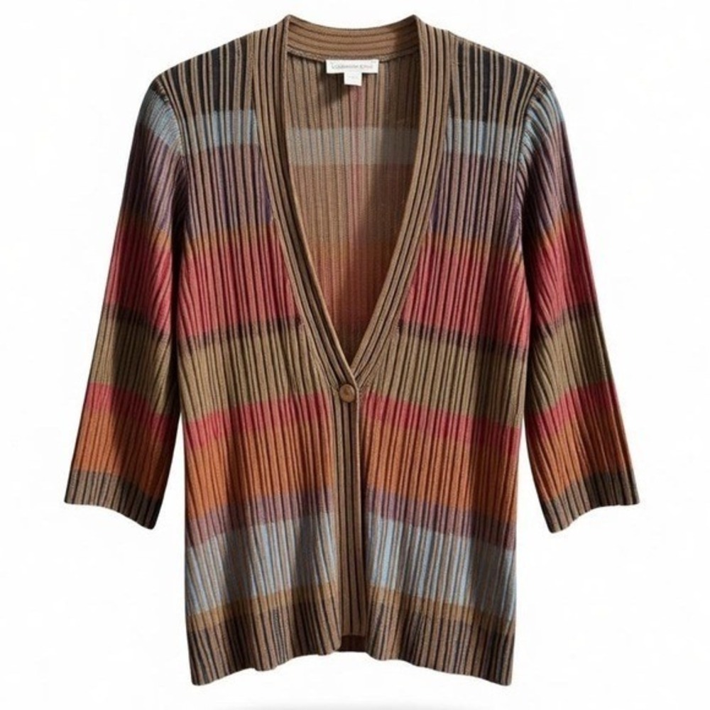 Coldwater Creek Striped Ribbed Cardigan Sweater Brown Rust Blue V-Neck Small 6-8